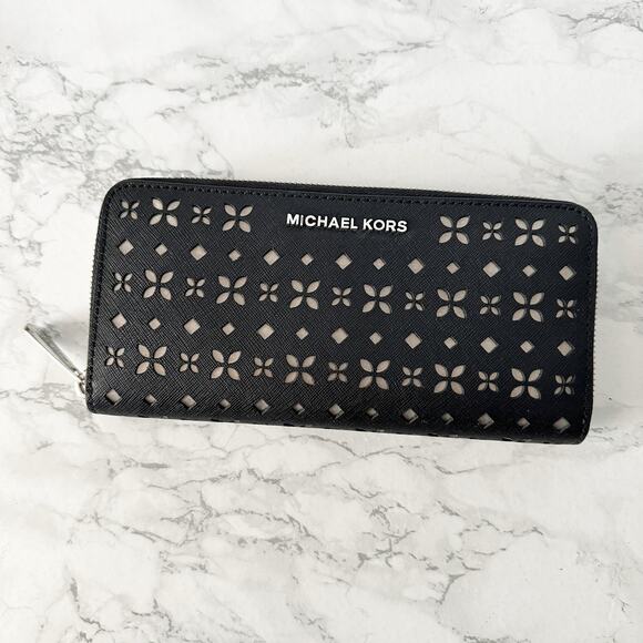 MICHAEL Michael Kors Handbags - Michael Kors Black Leather Laser Cut Zip Around Women's Wallet holiday gift